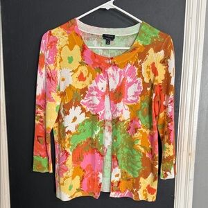 Talbots 100% Pima Cotton 3/4 Sleeve Bright Floral Boho Cardigan Size: S